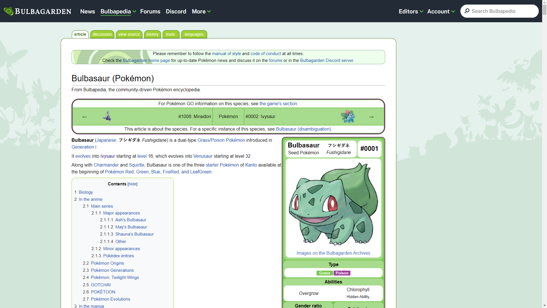 A screenshot of Bulbasaur from the Bulbapedia