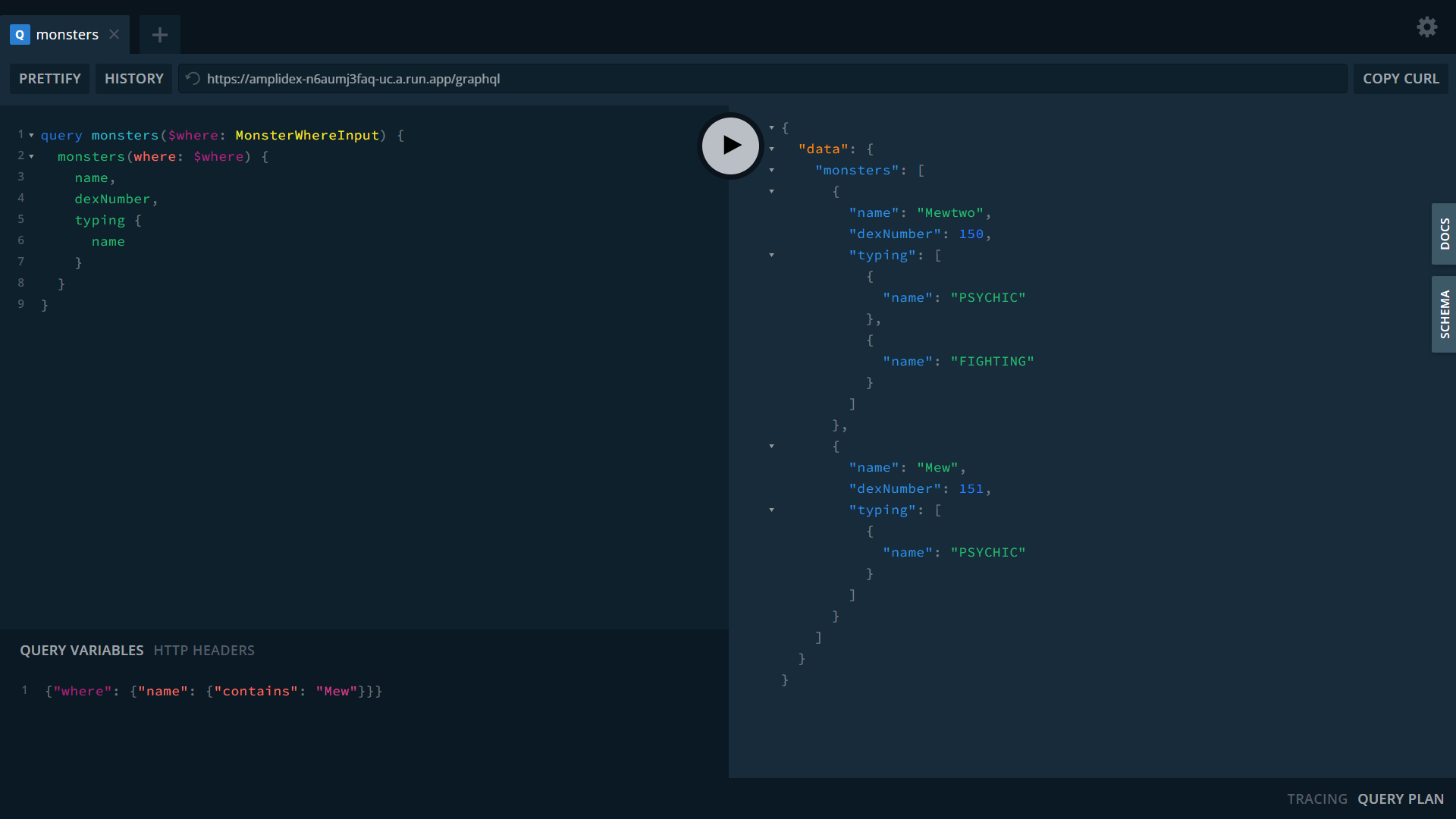 Executing a GraphQL query searching for Pokemon whose name contains "Mew"